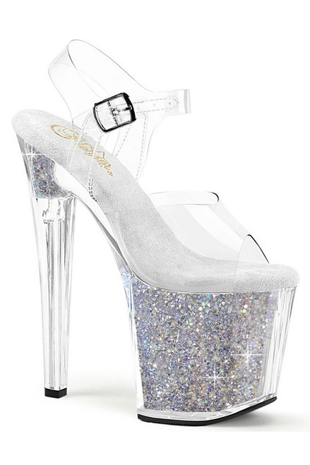7 1/2" Clear & Silver Rhinestone Insert Platform Ankle Strap Sandals
