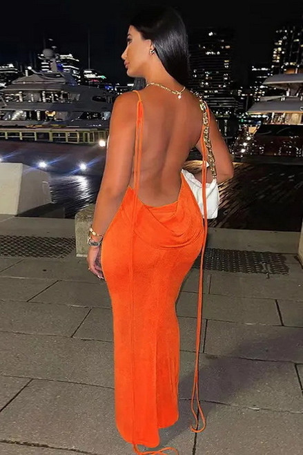 Orange Plunging Back Fitted Maxi Dress