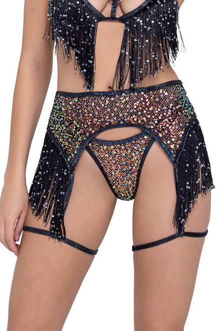 Black Sequin Fringe Garter Belt