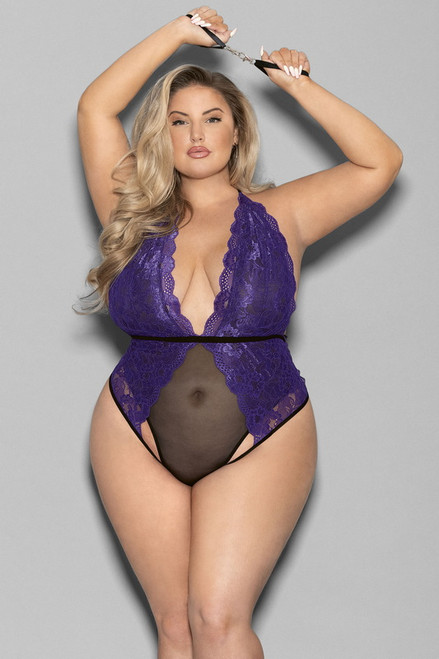 Plus Size Midnight Purple Cage Back Lace Lingerie Teddy