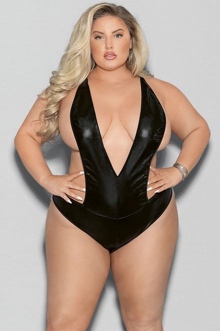 Plus Size Black Wet Look Chain Back Lingerie Teddy