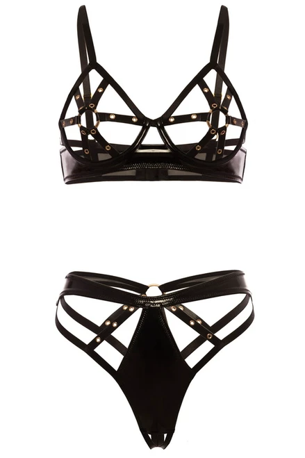 Black Vinyl Bold Look Cage Bra & Panty