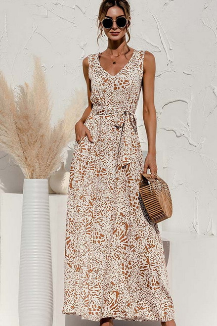 Beige Leopard Print Sleeveless Maxi Dress