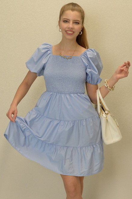 Light Blue Puff Sleeve Woven Mini Dress
