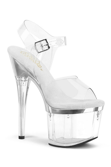 Clear & Silver Chrome 7" Heel Platform Ankle Strap Sandal