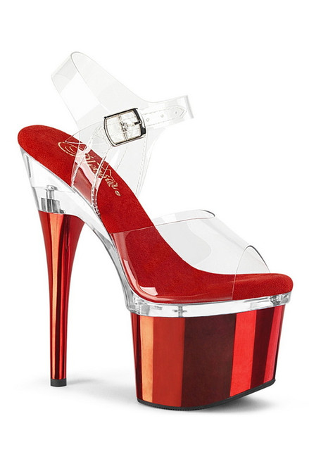 Clear & Red Chrome 7" Heel Platform Ankle Strap Sandal