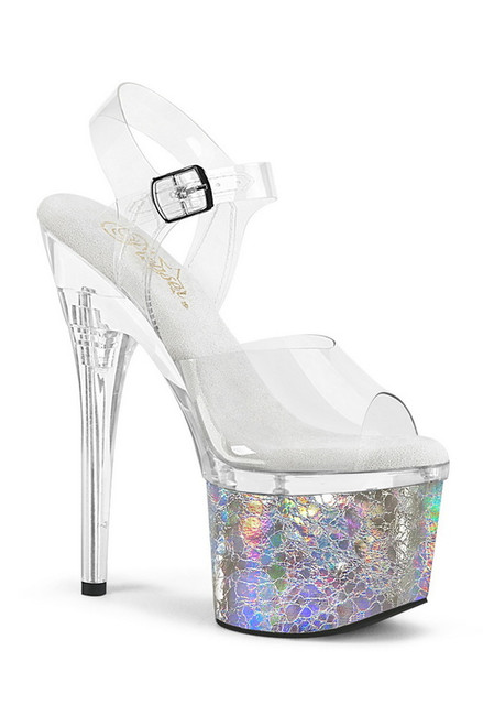 Clear 7" Heel & Silver Crackle Ankle Strap Sandal