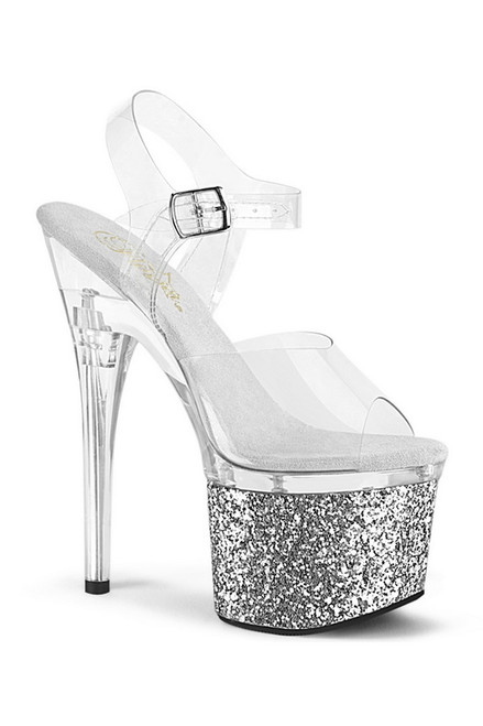 Clear & Silver 7" Heel & Glitter Platform Ankle Strap Sandal