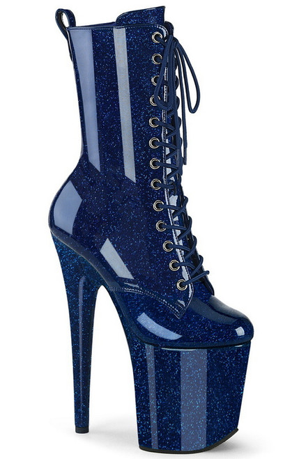Navy Blue Glitter 8" Heel Lace Up Ankle Boot