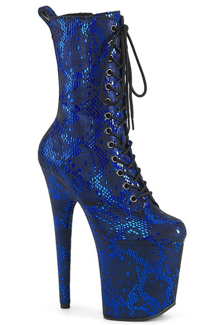 8" Heel Blue Snakeskin Lace Up Ankle Boot