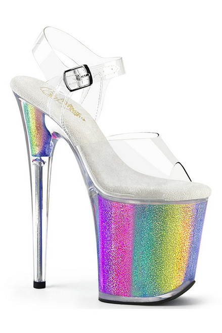 Clear 8" Heel Rainbow Glitter Platform Sandal