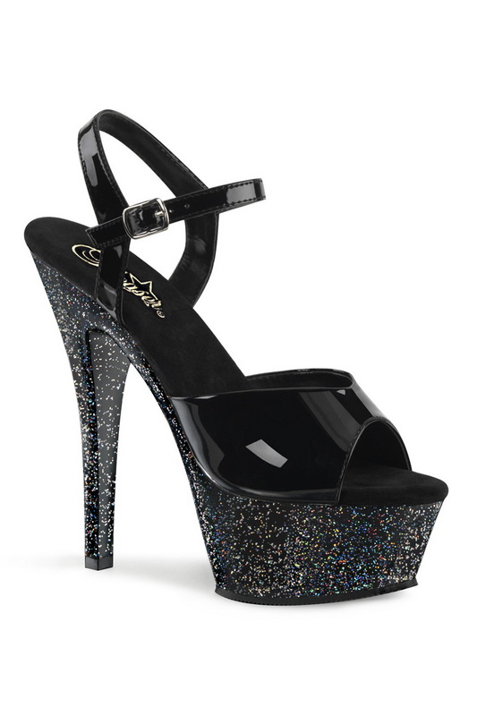 Black Glitter 6" Peep Toe Ankle Strap Sandal