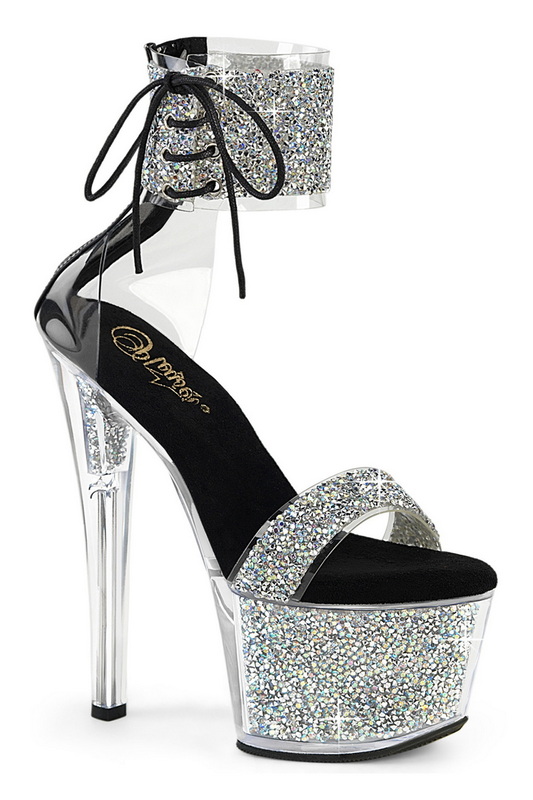 Silver & Black 7" Rhinestone Ankle Cuff Sandal