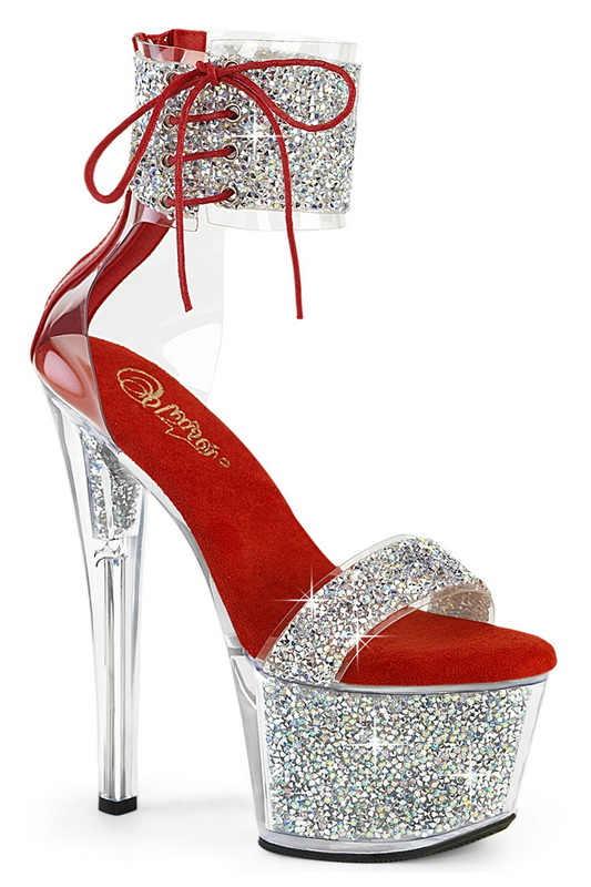 Silver & Red 7" Rhinestone Ankle Cuff Sandal