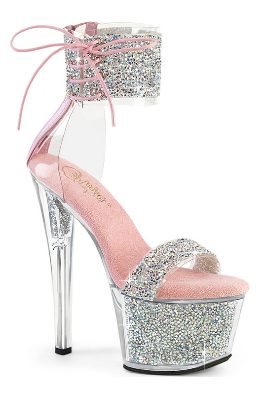 Silver & Baby Pink 7" Rhinestone Ankle Cuff Sandal