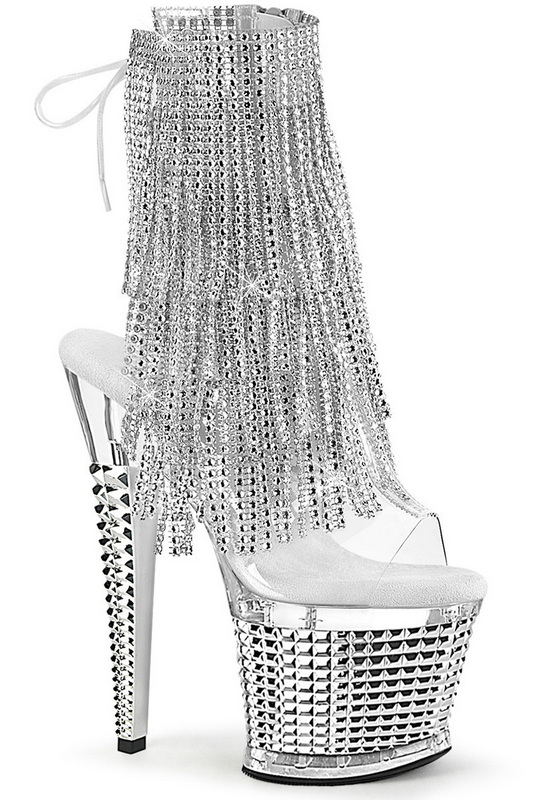 Silver & Clear 7" Textured Heel Fringe Ankle Boot
