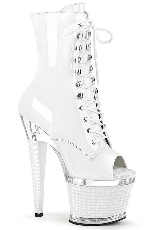 White Patent 7" Textured Heel Lace Up Ankle Boot