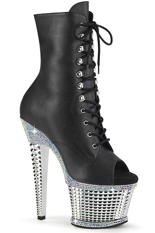 Black Faux Leather 7" Textured Heel & Rhinestones Ankle Boot