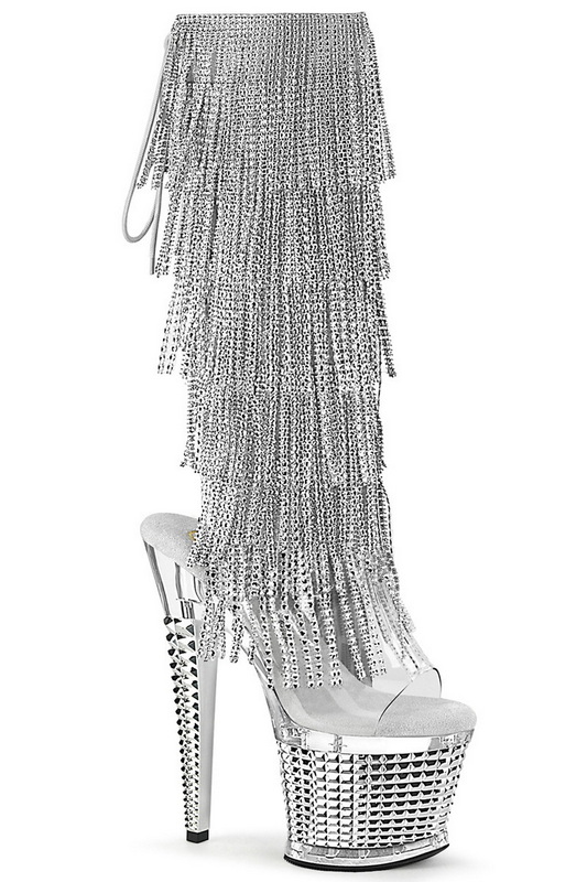 Silver Chrome 7" Textured Heel Fringed Knee High Boot