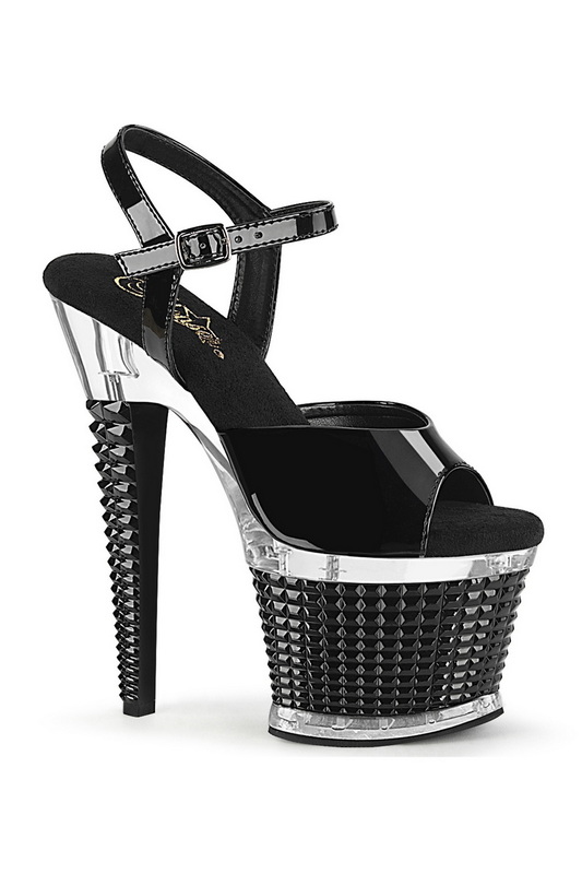 Black & Clear 7" Textured Heel & Rhinestone Ankle Strap Sandal