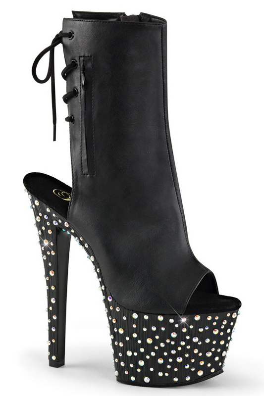 Black Faux Leather 7" Heel Rhinestone Platform Ankle Boot