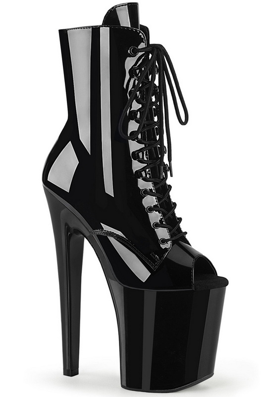 Black Patent 8" Lace Up Peep Toe Ankle Boot