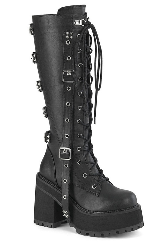 Black Vegan Leather Buckles & Straps 4 3/4" Knee High Boots