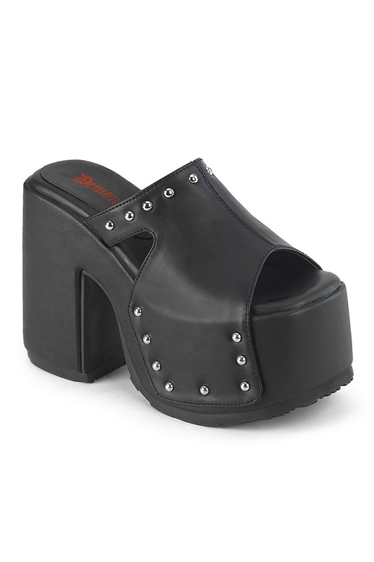 Black Vegan Leather Chunky Heel Slide