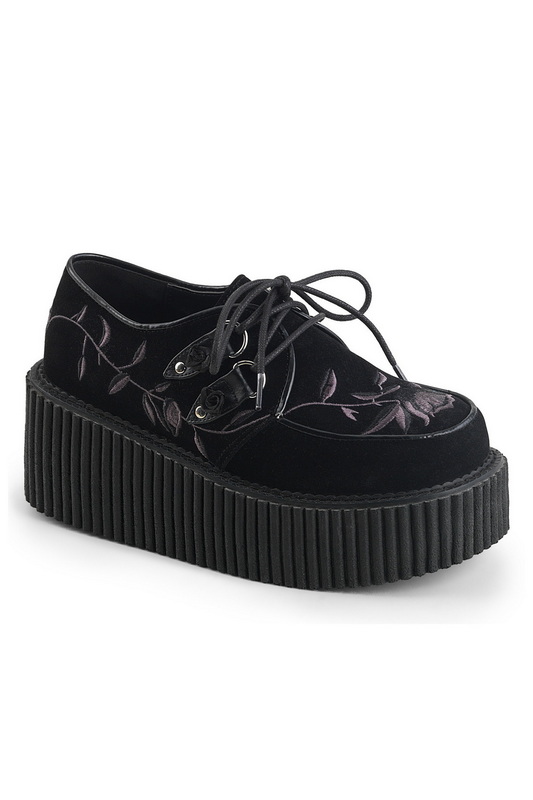 Black Velvet Embroidered Lace Up Creeper