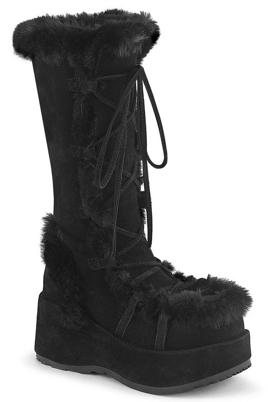 Black Vegan Suede Mid Calf Fur Trimmed Boot