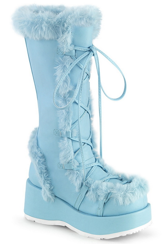 Baby Blue Vegan Suede Mid Calf Fur Trimmed Boot