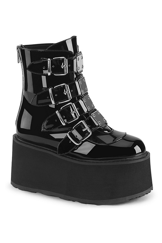 Black Patent Buckle Strap Ankle Boot