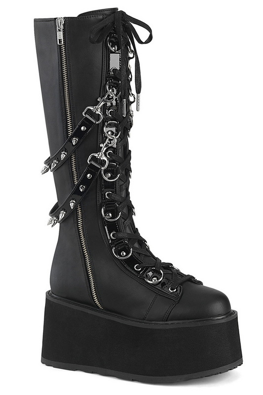 Black Vegan Leather Studded Strap Knee High Boots