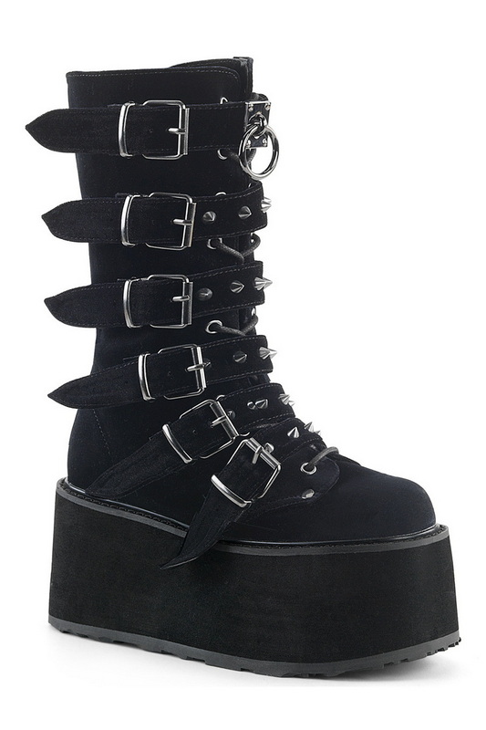 Black Velvet Stud Buckle Mid Calf Boots