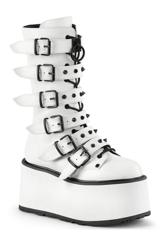 White Vegan Leather Stud Buckle Mid Calf Boots