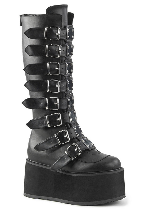 Black Vegan Leather Buckled Knee High Boot