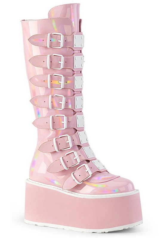 Baby Pink Holo Buckled Knee High Boot