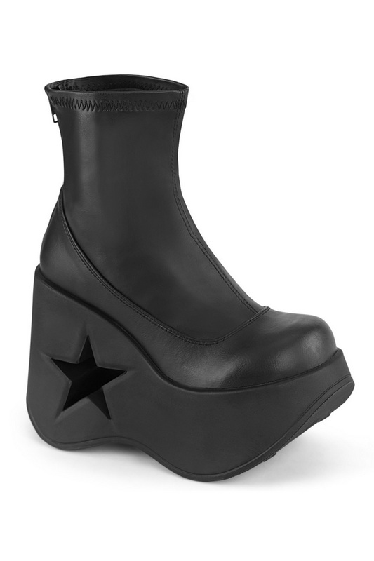 Black Vegan Leather Star Cut Wedge Ankle Boot