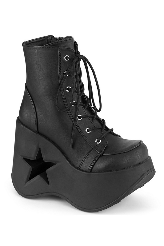 Black Vegan Leather Star Cut 5" Wedge Lace Up Ankle Boot