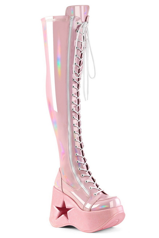 Baby Pink Holo 5" Wedge Star Cut Thigh High Boot