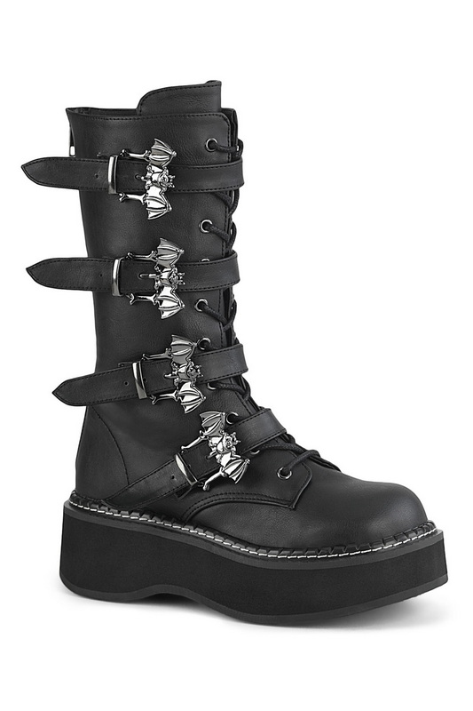 Black Vegan Leather Bat Strap Mid Calf Boots