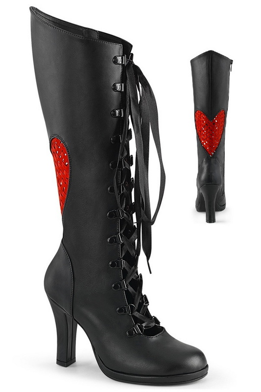 Black Vegan Leather Satin Heart Back Knee High Boot