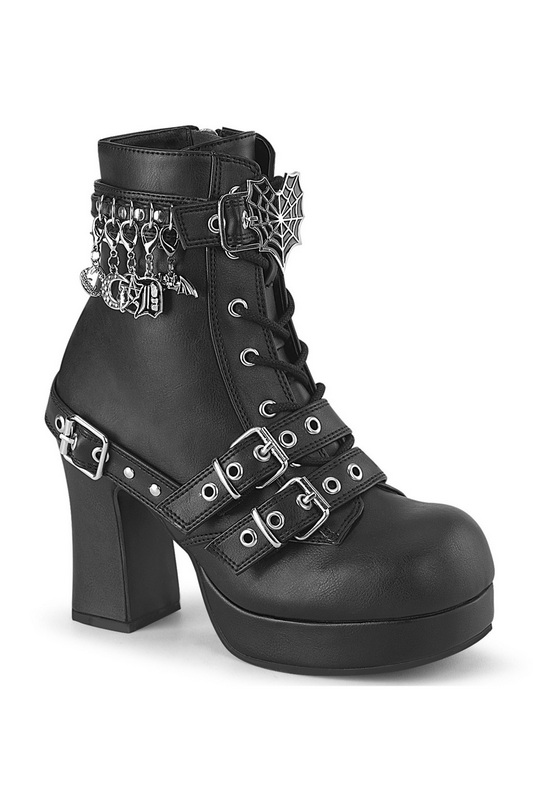 Black Vegan Leather Charms & Straps 3 3/4" Ankle Boot