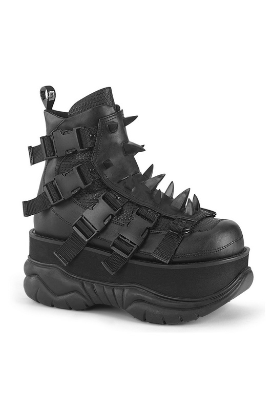 Black Vegan Leather 3" Platform Buckles &  Spikes Ankle Boot
