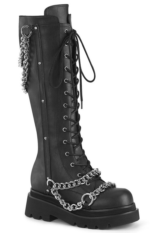 Black Vegan Leather Swoop Chains Platform Knee High Boots