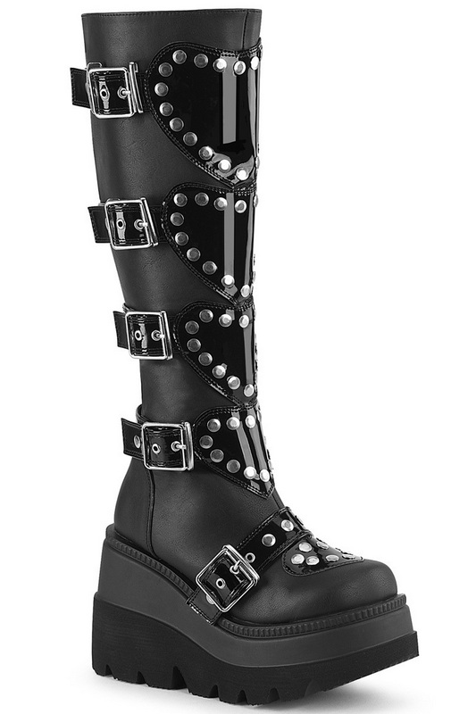 Black Vegan Leather Heart Shield Platform Knee High Boot