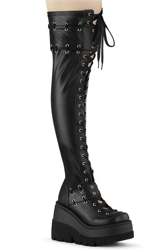 Black Vegan Leather 4 1/2" Platform Open Lace Up Thigh High Boot