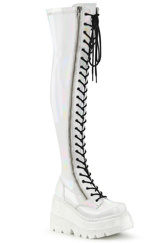 White Hologram Patent Lace Up Front Thigh High Boot