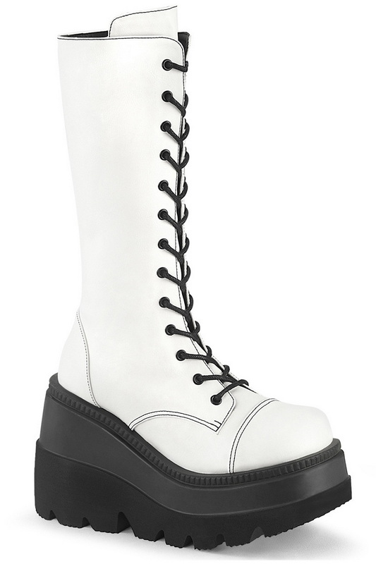 4 1/2" Wedge Platform White Vegan Leather Lace-Up Front Mid-Calf Boots