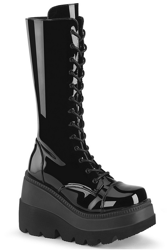 4 1/2" Wedge Platform Black Pat Lace-Up Front Mid-Calf Boots